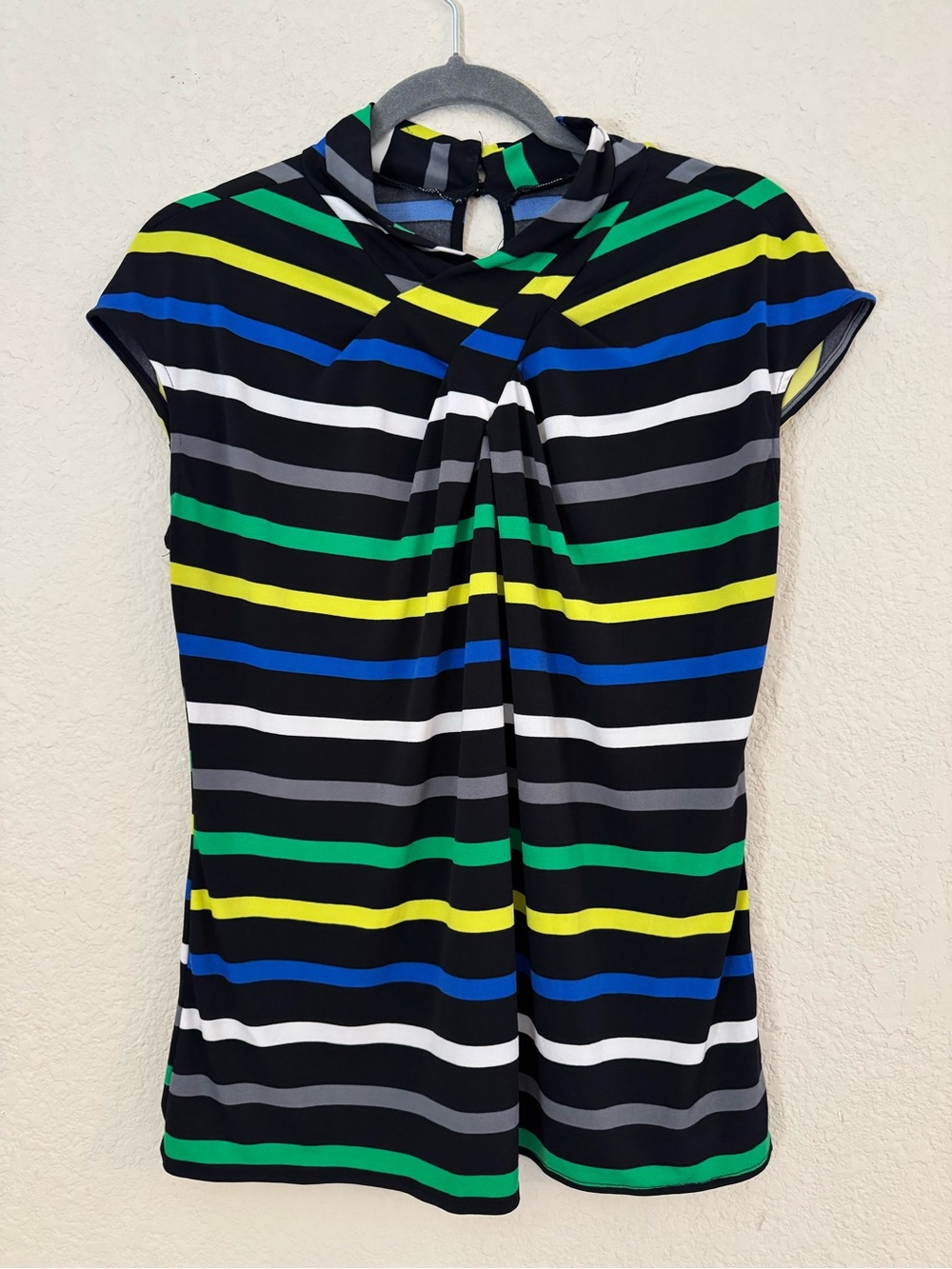 Worthington mock neck striped blouse w/ cross cross neckline & cap sleeves